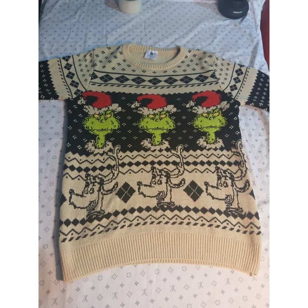 The Grinch Boys Christmas Sweater Beige Long Sleeve Crew Neck Size L Ugly Sweat
